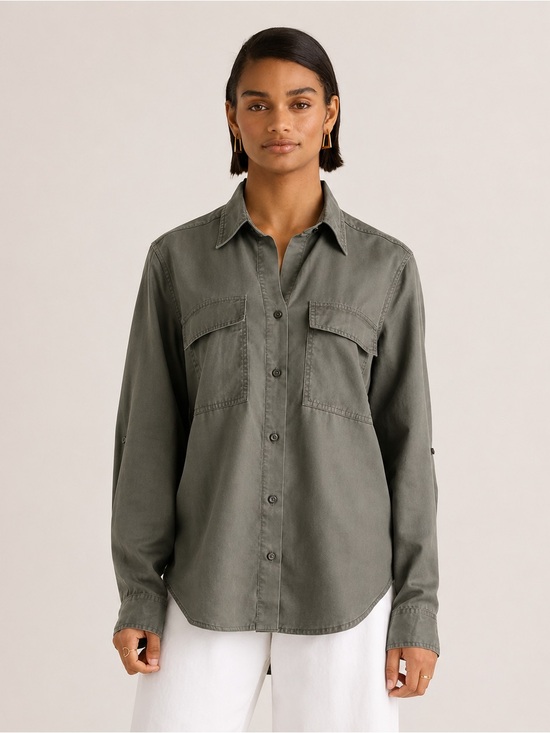 Quince Tops - Quince Vintage Wash Tencel Utility Shirt Olive Green Button-Up Size Small